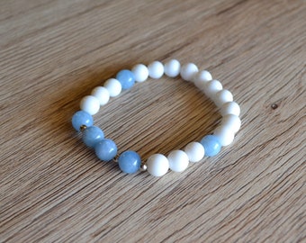 Blue angelite and white beaded bracelet