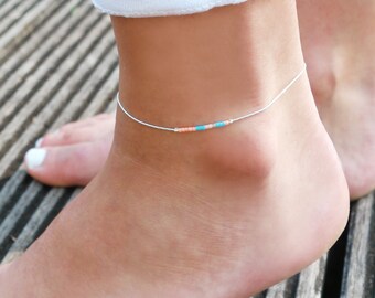 Ultra thin sterling silver anklet - turquoise and coral anklet - Ankle bracelet beach - ankle bracelet silver - delicate ultra thin anklet