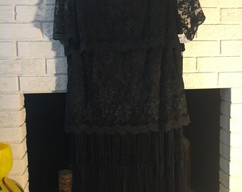 Beautiful Vintage Serbin Lace and Fringe Dress Sz 14
