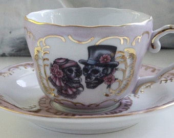 Pink and Gold Sugar Skull Couple Teacup & Saucer Set, Sugar Skull Bride and Groom Tea Cup, Add your Monograms, Sugar Skull Wedding Teacup