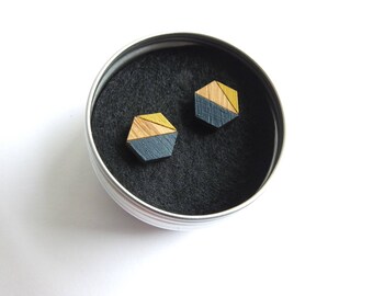Hexagon Earrings, Geometric Earrings, Hexagon Jewellery, Geometric Stud Earrings, Navy and Mustard, Navy Geometric Earrings, Gift For Her