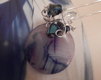 Blue Agate Swarovski Beaded Silver Embellished Pendant