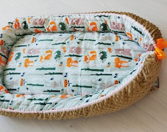 Toddler nest,baby cocoon,baby nest with foxes, babynest with bears and squirells,woodland nursery,cosleeper,baby shower gift,new baby gift