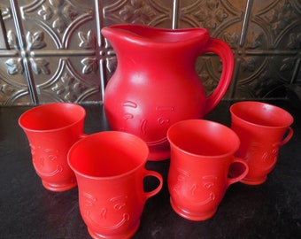 Fun 70's Smiling Red Kool Aid Pitcher and Four Cups