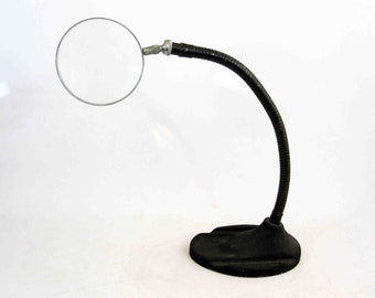 Vintage Magnifying Glass On Cast Iron Goose Neck Lamp Base. Circa 1930's.
