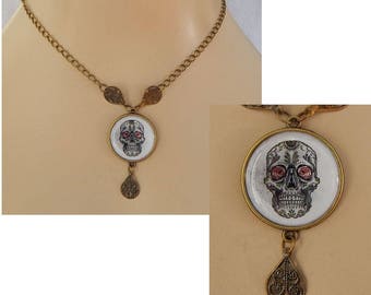 Gold Sugar Skull Pendant Necklace Jewelry Handmade NEW Day of the Dead Accessories Fashion Chain