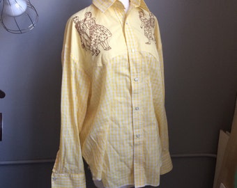 Vintage Yellow Gingham Western Cowboy Shirt Embroidered Square Dancing Motif Horseshoe and Star Snap Rockmount Ranch Wear