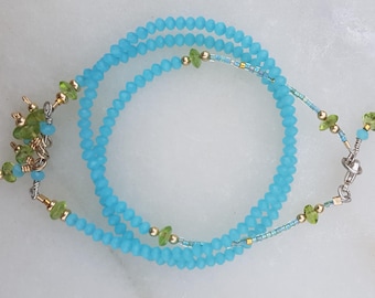 Eilis Necklace, Blue Aqua Chalcedony, Peridot, Sterling Silver, Gold Filled