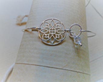 925 sterling silver Bangle Bracelet / Swarovski Crystal and Mandala / nature jewelry