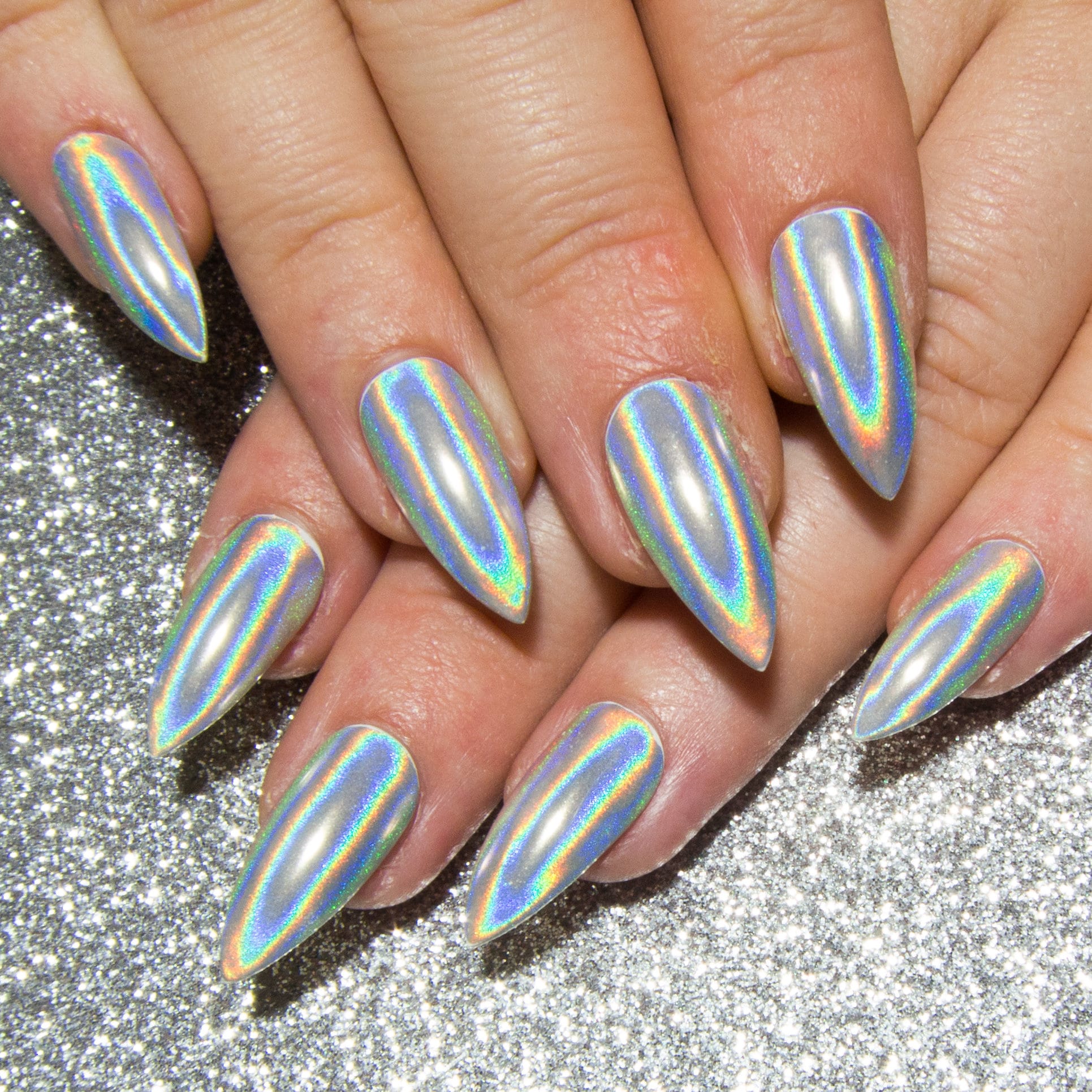 Holographic Chrome Nails Stiletto Acrylic Nails Mirror Gel