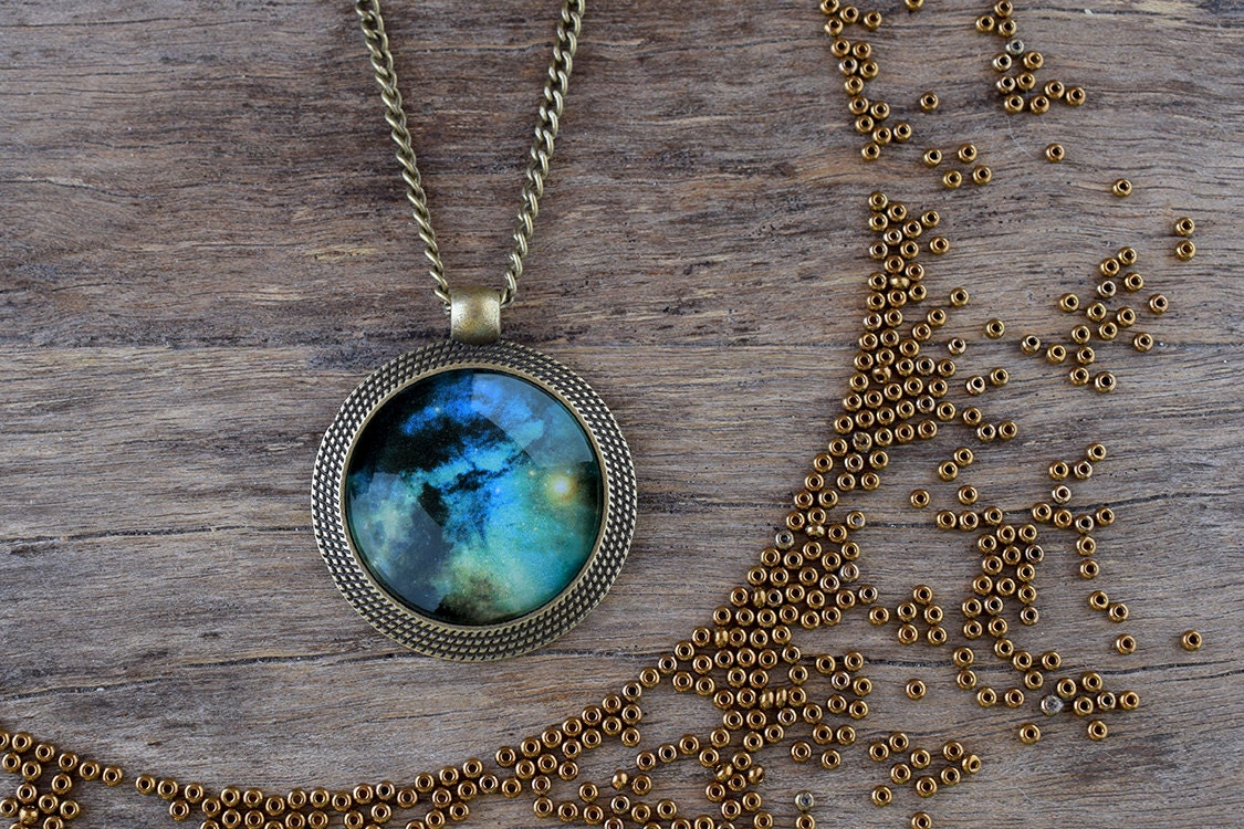 Universe pendant Galaxy necklace Blue green space necklace