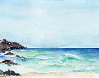 Aruba original watercolor painting, ocean art, seascape, 5 x 7, Caribbean artwork, beach artwork, SharonFosterArt