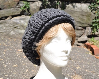 Black and Gray Slouchy Hat for Women - Crochet Hat - Rasta Hat - Gray Hat - Crochet Beret