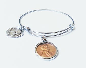 70th Birthday Gift 1948 US Penny Bezel Bracelet Expandable Bangle initial charm 50th Coin Jewelry