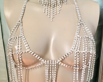 Crystal bra rhinestone lingerie festival bralette bridal burlesque chain body harness halter top
