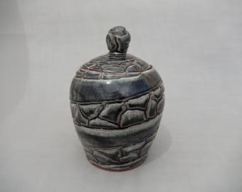 Pottery Jar - Spiral Carved Round Lidded Jar - Charcoal Gray Decorative Pottery Jar