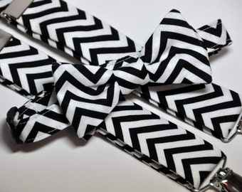 Boy's Bow Tie and Suspenders Black and White Chevron