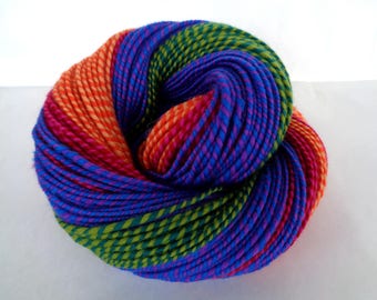 115g (28.00 Euro/100g) Handspun merino yarn, self striping yarn, light worsted yarn,purple,orange, ARC-EN-CIEL, 4oz/172yds, 100% wool, 155m