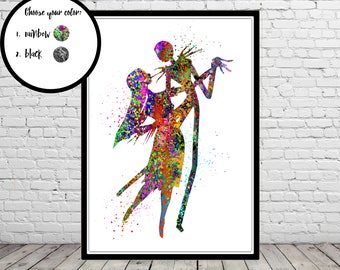 The Nightmare Before Christmas inspired, Jack and Sally, Watercolor print, Nursery art, Kids Room Decor, Poster, print