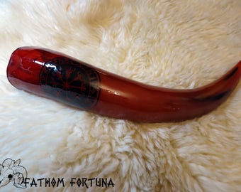 14.5 oz Red & Black Vegvísir Icelandic Compass Drinking Horn with Leather Holster