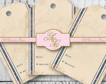 Blue Grain Sack Stripe Gift Tags, Grain sack Gift Label, Rustic Gift Tags, Vintage Gift Tag, Printable Gift Tag, Gifting Supplies, Farmhouse