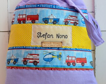 Unique personalized bag for daycare, hand embroidered, baby gift, drawstrings bag, patchwork, quilted, library bag, beach bag, walkings bag
