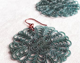 Teal statement earrings, Large Vintage Lucite filigree earrings, Anniversary gift for her, colorful earrings, gift for mothers day
