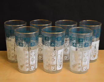 Set of 7 Vintage Anchor Hocking 11 oz Drinking Glasses, Aqua and White, Gold Rim, New in Box, 11 oz, Mid-Century Glassware