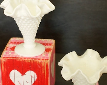 2 Trumpet Vases Miniature Milk Glass Hobnail double crimped vintage