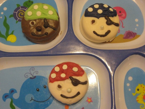 Pirate themed chocolate covered sandwich cookies