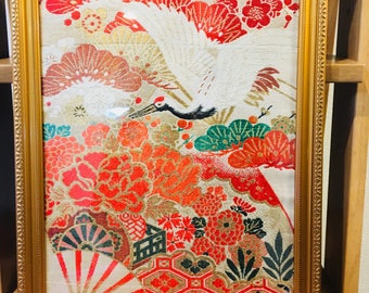 Antique Kimono obi in frame