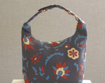 Large Insulated Lunch Bag, Large Women Lunch Bag, Work Lunch Tote,Large Lunch Bag,Reusable Lunch Bag, Red Flower Blue Leaves on Dark Blue
