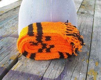 Knitted Orange and Black Striped Long Scarf Ready To Ship