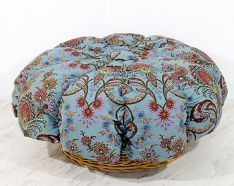 Mid Century Modern Paisley Covered Rattan Pouf Ottoman 1960s Franco Albini Era