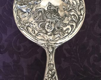Vintage Art Nouveau Victorian Repousse' Antique Hand Mirror- Maiden & Flowers