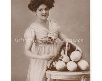 Vintage Real Photo Postcard - Easter Greetings - Gibson Girl with Easter Eggs/Basket - England