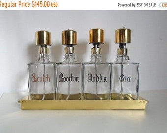 Sale - Vintage 1980's Set of 4 Liquor Decanter Bar Set with Pumps & Heavy Brass Tray - Scotch Bourbon Vodka Gin Bottles - Vintage Bar Decor