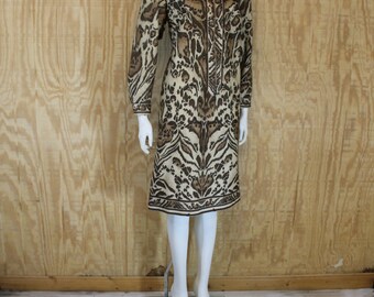 Vintage 1970's Polyester Brown Ocelot Animal Print Front Zip Shift Dress Medium Large M / L