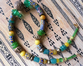 African Beads, Necklace, Ethno Style, Millefiori Beads (Murano Trade Beads), Krobo Beads Ghana, faceted glass beads, bronze beads, Calcit