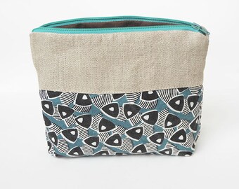 Pouch bag, cosmetic bag, eco bag. Eco friendly, organic linen&screen printed organic cotton bamboo, toiletry bag, free shipping.