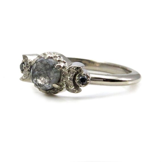Black Rutile Quartz Crescent Moon Engagement Ring - 14k Palladium White Gold with Black Diamonds with