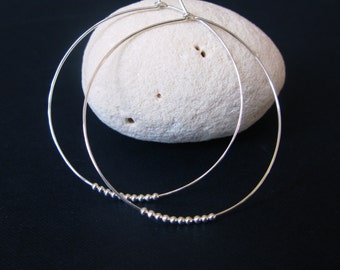 Simple hoop earrings-2" hoop earrings-thin hammered hoops with silver beads-sterling silver beaded hoops