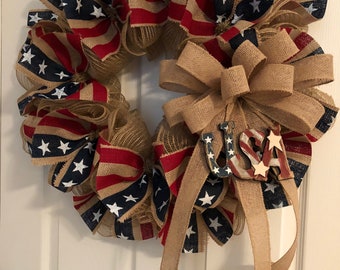 Patriotic Wreath, Veterans Day Wreath, Americana Wreath, Fourth of July Wreath, 4th of July Wreath, Burlap Mesh Wreath, Primitive Wreath
