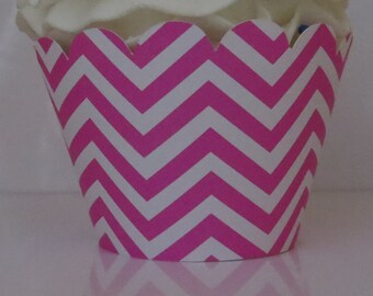 Hot Pink Chevron Cupcake Wrappers... Fully Assembled...set of 12.. Baby Shower, Birthday, Bridal Shower