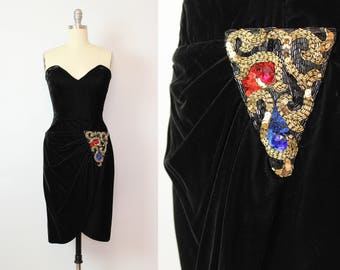 vintage 80s black velvet dress / 1980s beaded sequin evening dress / strapless new years dress / TADASHI dress