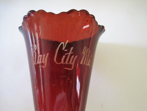 Ruby Flash Glass Vase, 6 Inches Tall, Red Signed Souvenir, Bay City Michigan Vase