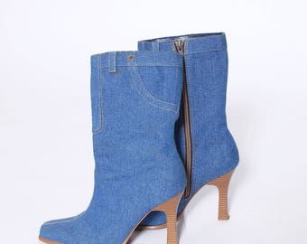 Vintage Blue DENIM Boots 90s Blue JEAN Boots Novelty Boots Stiletto Heel ANKLE Boots Size 7