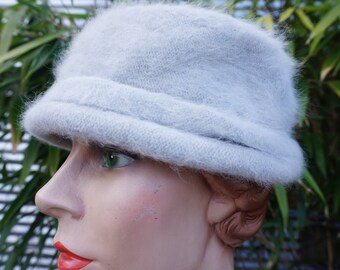 Gorgeous Baby Blue Super Soft Angora and Wool Slouchy Pill Box Hat made by Dasher Angora