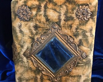 Victorian Velvet Celluloid Photo Album Green and Yellow Peacock Feathers Design with Photos