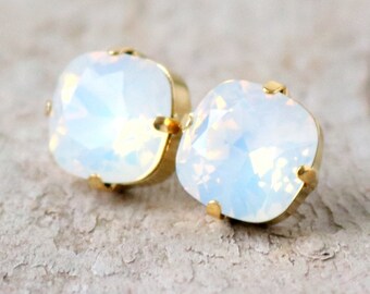 Winter White Opal | Swarovski | Crystal Earrings | Opal Jewelry | Square Cushion | Gift For Her | Opal Earrings | White Opal Jewelry | Gold